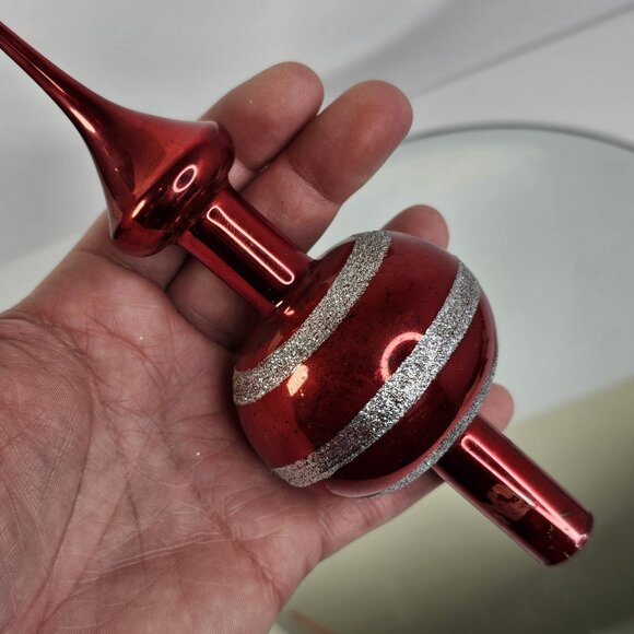 Vintage Glass Christmas Tree Topper Red With Silver Glitter Stripes 11.5" Long - Picture 4 of 7